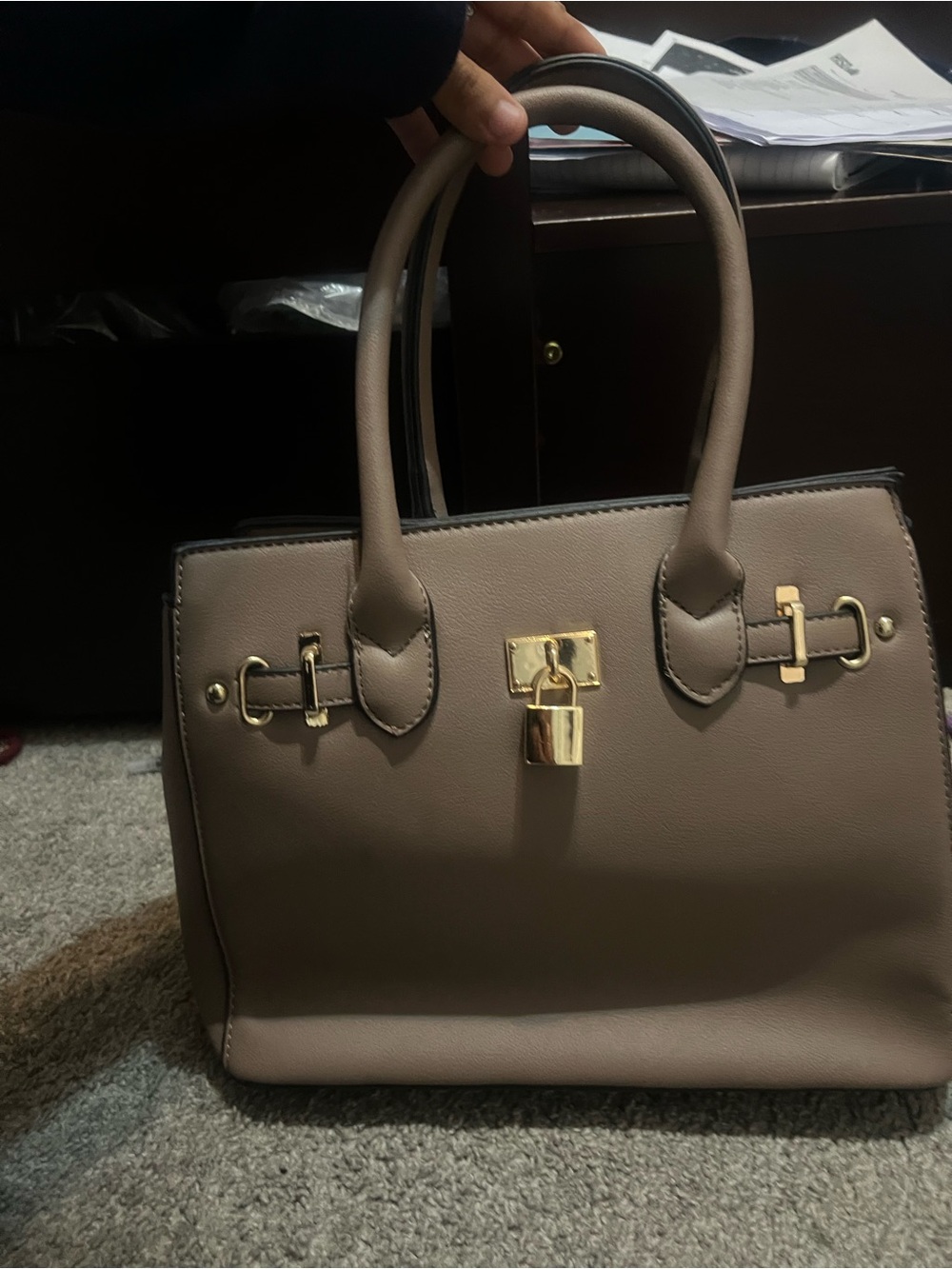 Taupe Leather-Look Satchel with Gold Hardware